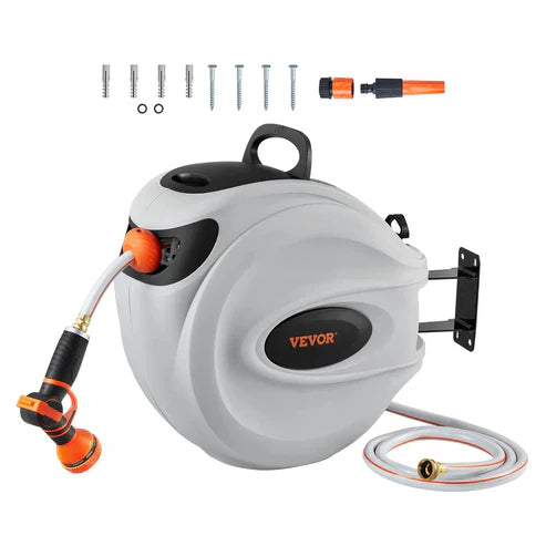 Retractable Garden Hose with Auto-Rewind Reel - 1-Click Storage, Kink-Free Anti-Tangle Construction - Heavy-Duty High-Pressure Flexible Water Hose