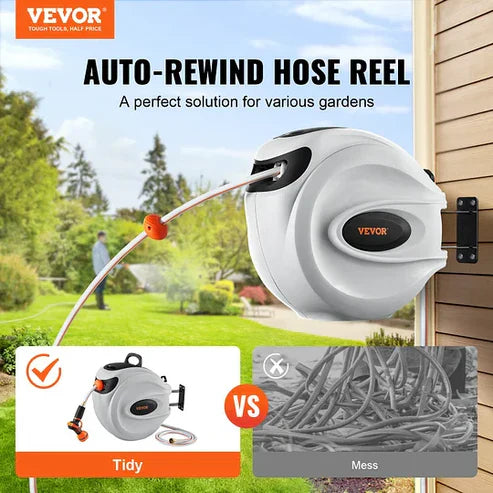 Retractable Garden Hose with Auto-Rewind Reel - 1-Click Storage, Kink-Free Anti-Tangle Construction - Heavy-Duty High-Pressure Flexible Water Hose
